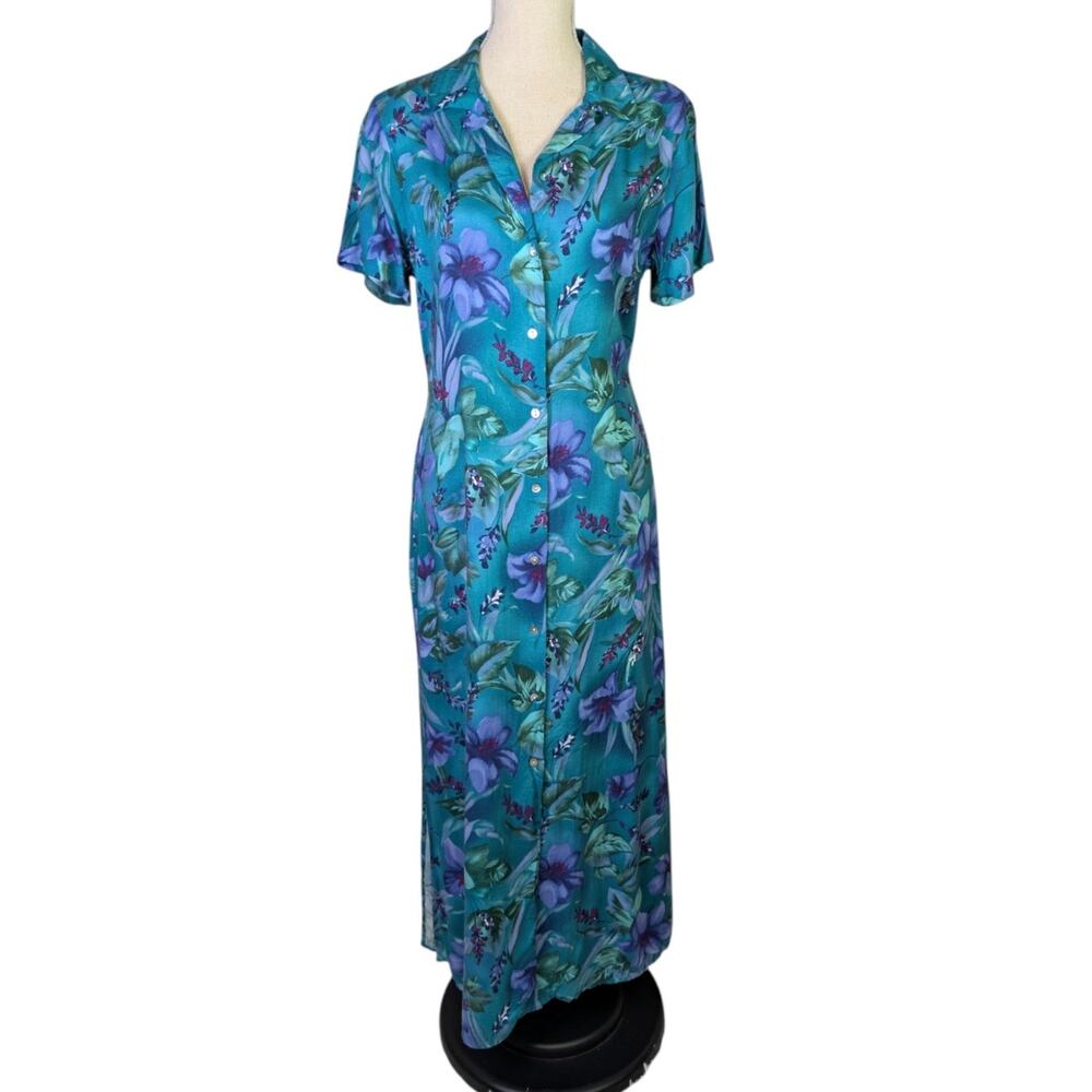 Vintage 90s Floral Rayon Maxi Dress Teal Blue Cottagecore Grunge M